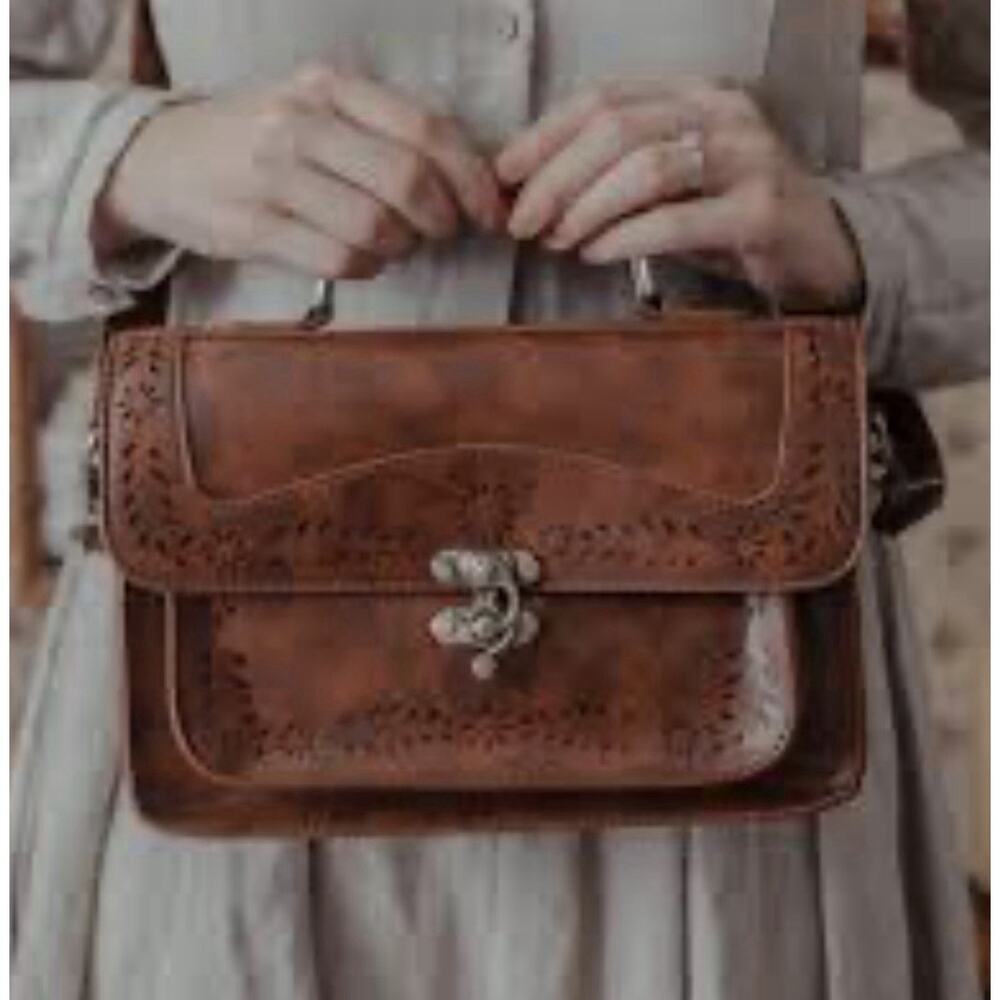 Ecosusi Vintage Brown Leather Crossbody Satchel Bag Floral Tooled Boho Purse